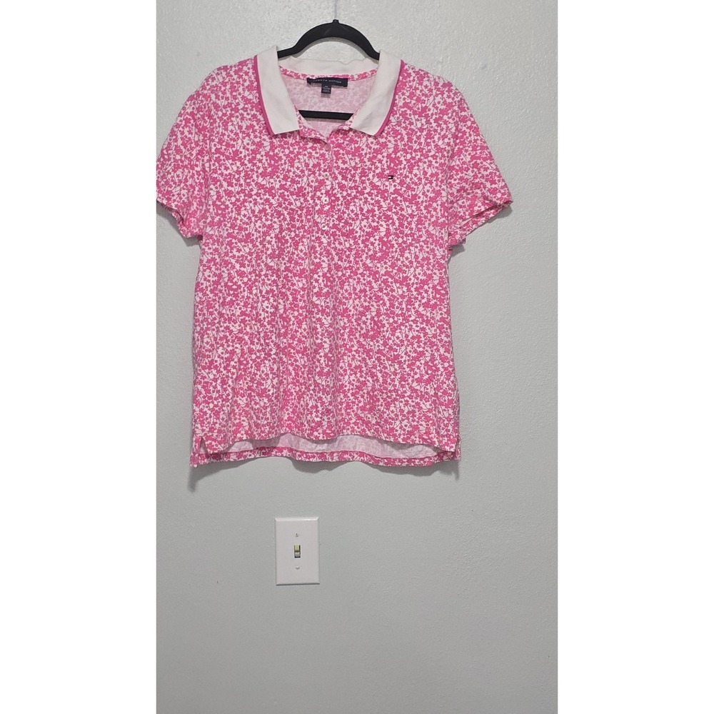 Tommy Hilfiger XXL Pink White Floral Print Short Sleeve Stretch Polo Shirt